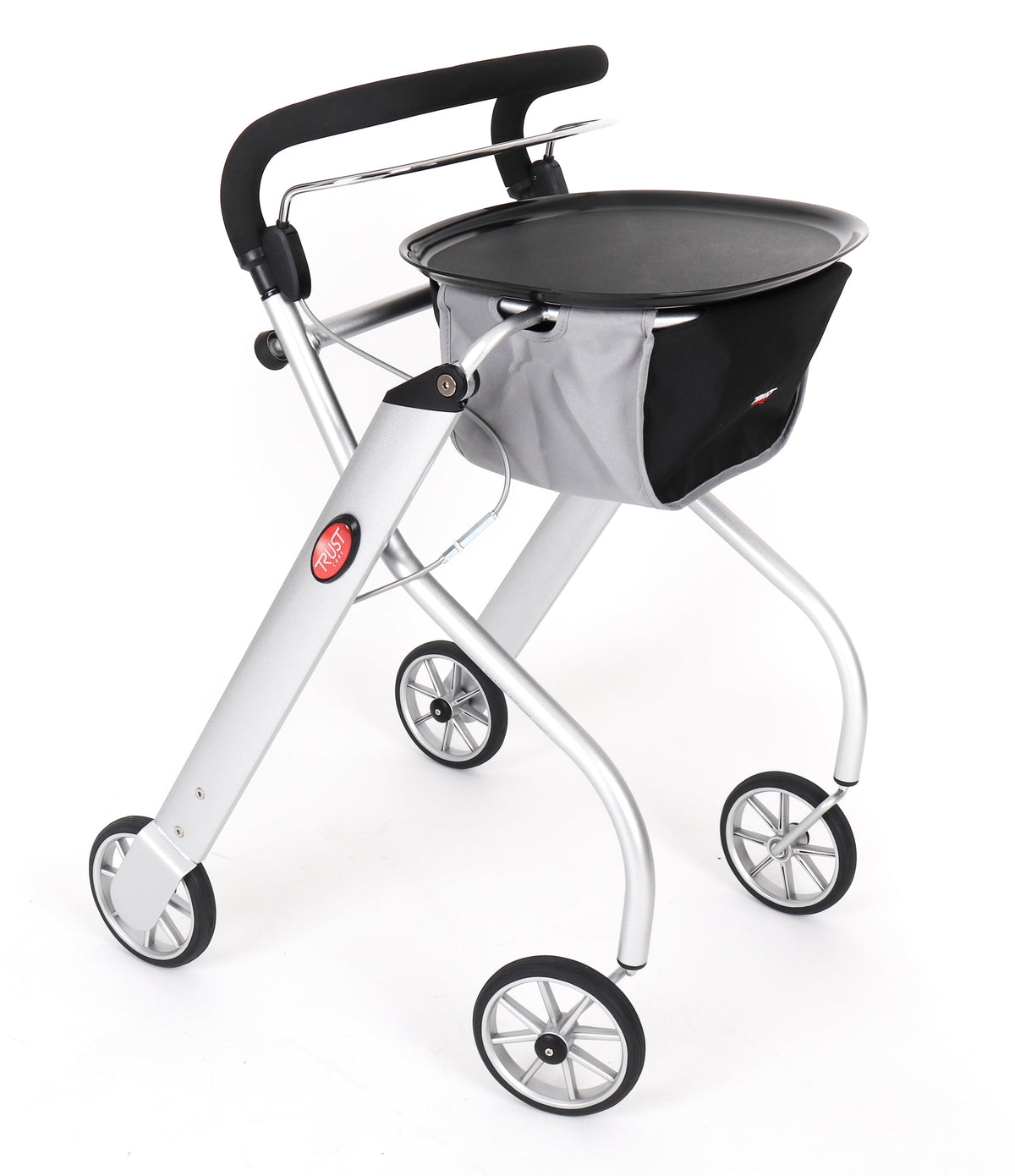 TrustCare 'Let's Go' Indoor-Rollator mit Tablett und Stoffkorb.
