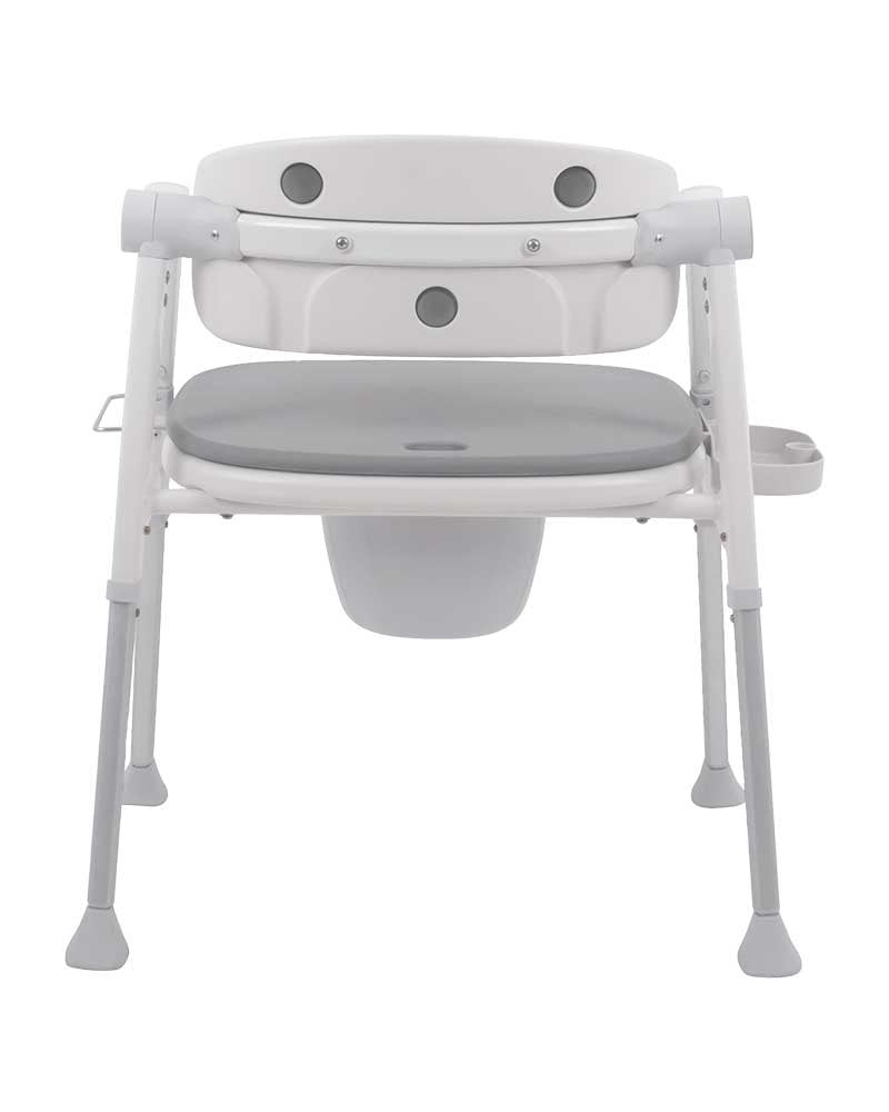 Toilettenstuhl mit Toiletteneimer – weiß mit grauem PU-Sitz und Rücken