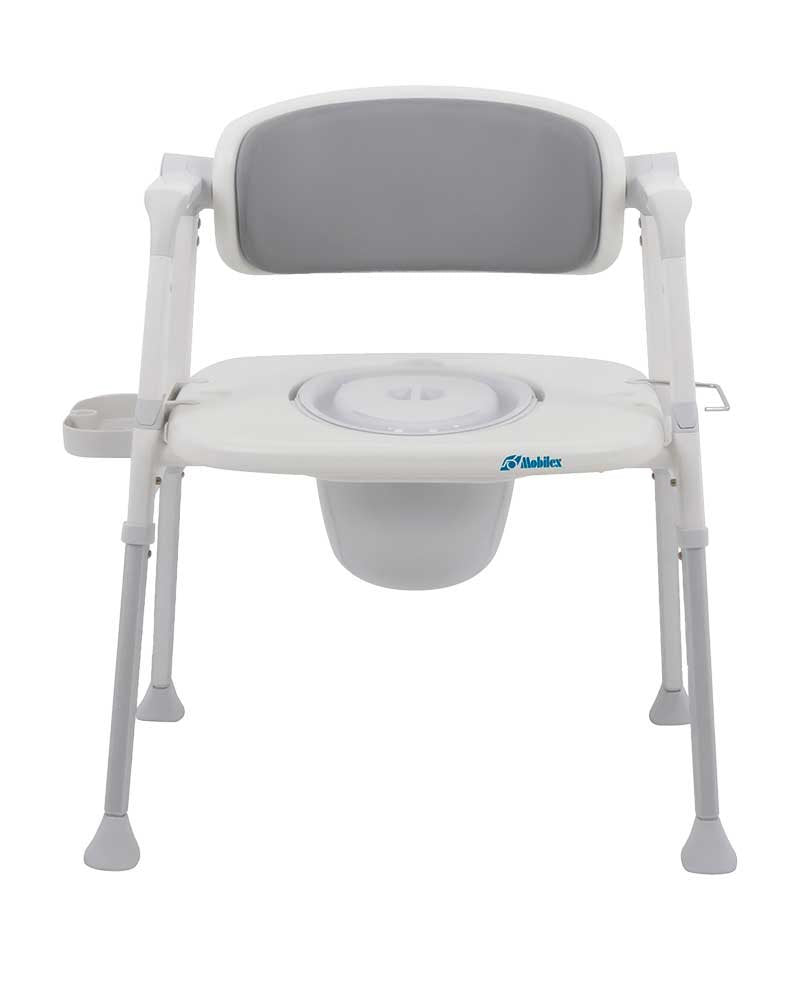 Toilettenstuhl mit Toiletteneimer – weiß mit grauem PU-Sitz und Rücken