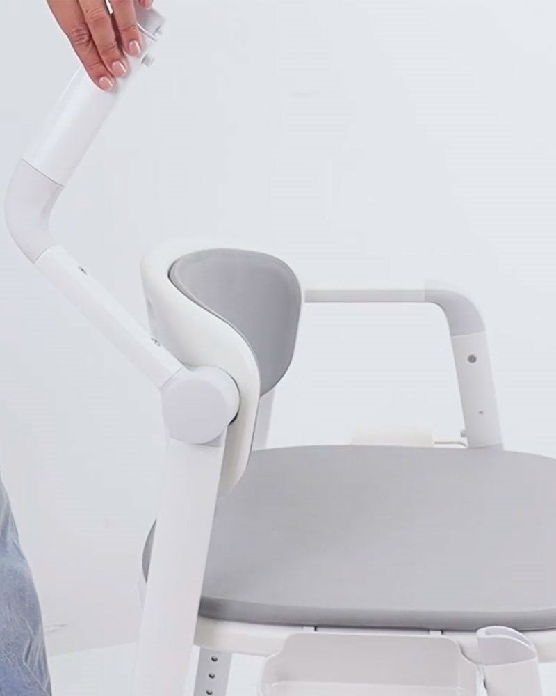 Toilettenstuhl mit Toiletteneimer – weiß mit grauem PU-Sitz und Rücken